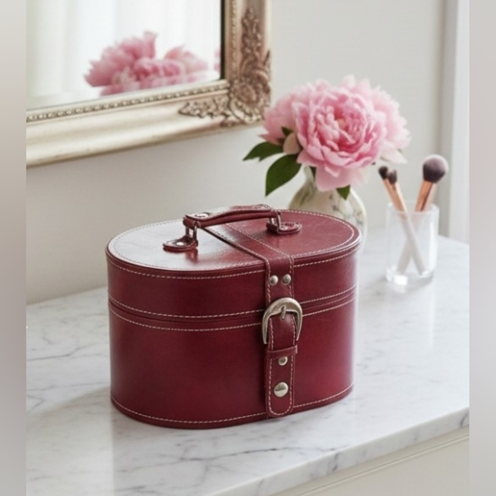 Vintage Style Faux Leather Burgundy Oval Storage Case Contrast White Stitching